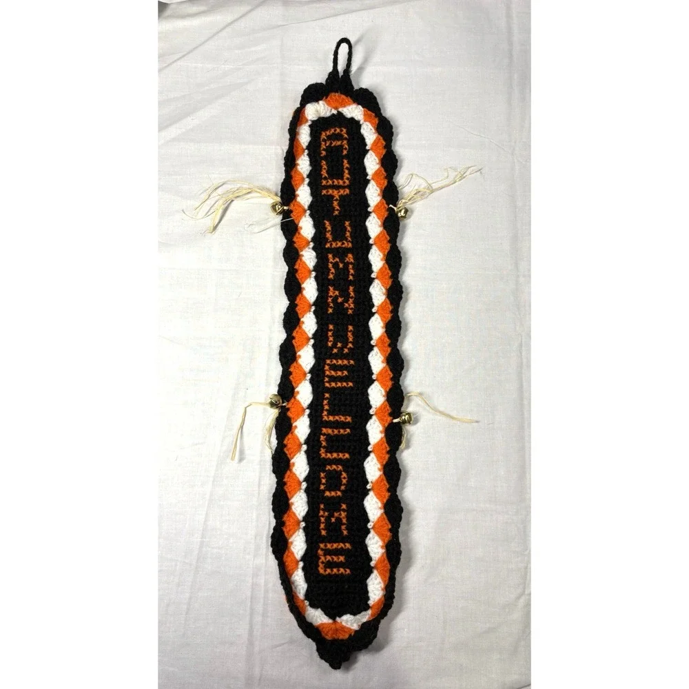 Vintage Handmade Crochet Wall Hanging Autumn Welcome‎ Sign Black Orange White